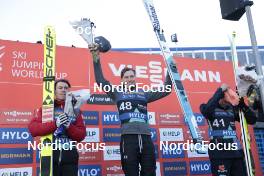 11.03.2023, Oslo, Norway (NOR): Stefan Kraft (AUT), Anze Lanizek (SLO), Karl Geiger (GER), (l-r) - FIS world cup ski jumping men, individual HS134, Oslo (NOR). www.nordicfocus.com. © Modica/NordicFocus. Every downloaded picture is fee-liable.