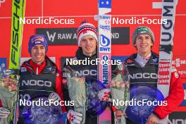 18.03.2023, Vikersund, Norway (NOR): Stefan Kraft (AUT), Halvor Egner Granerud (NOR), Daniel Tschofenig (AUT), (l-r)  - FIS world cup ski flying men, individual HS240, Vikersund (NOR). www.nordicfocus.com. © Thibaut/NordicFocus. Every downloaded picture is fee-liable.
