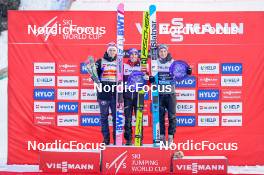19.03.2023, Vikersund, Norway (NOR): Halvor Egner Granerud (NOR), Stefan Kraft (AUT), Anze Lanisek (SLO), (l-r)  - FIS world cup ski flying men, individual HS240, Vikersund (NOR). www.nordicfocus.com. © Thibaut/NordicFocus. Every downloaded picture is fee-liable.