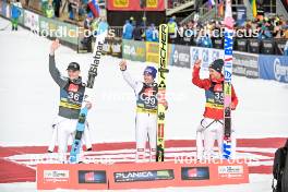 01.04.2023, Planica, Slovenia (SLO): Anze Lanisek (SLO), Stefan Kraft (AUT), Piotr Zyla (POL), (l-r) - FIS world cup ski flying men, individual HS240, Planica (SLO). www.nordicfocus.com. © Reichert/NordicFocus. Every downloaded picture is fee-liable.