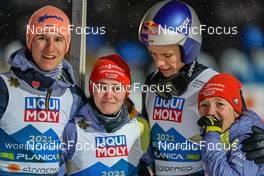 26.02.2023, Planica, Slovenia (SLO): Karl Geiger (GER), Selina Freitag (GER), Andreas Wellinger (GER), Katharina Althaus (GER), (l-r)  - FIS nordic world ski championships ski jumping men, mixed team HS100, Planica (SLO). www.nordicfocus.com. © Thibaut/NordicFocus. Every downloaded picture is fee-liable.