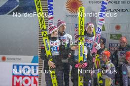 26.02.2023, Planica, Slovenia (SLO): Anna Odine Stroem (NOR), Johann Andre Forfang (NOR), Thea Minyan Bjoerseth (NOR), Halvor Egner Granerud (NOR), (l-r)  - FIS nordic world ski championships ski jumping men, mixed team HS100, Planica (SLO). www.nordicfocus.com. © Thibaut/NordicFocus. Every downloaded picture is fee-liable.