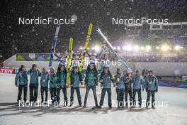 26.02.2023, Planica, Slovenia (SLO): Timi Zajc (SLO), Ema Klinec (SLO), Nika Kriznar (SLO), Anze Lanisek (SLO), (l-r)  - FIS nordic world ski championships ski jumping men, mixed team HS100, Planica (SLO). www.nordicfocus.com. © Thibaut/NordicFocus. Every downloaded picture is fee-liable.
