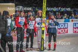 26.02.2023, Planica, Slovenia (SLO): Jan Hoerl (AUT), Chiara Kreuzer (AUT), Stefan Kraft (AUT), Eva Pinkelnig (AUT), (l-r)  - FIS nordic world ski championships ski jumping men, mixed team HS100, Planica (SLO). www.nordicfocus.com. © Thibaut/NordicFocus. Every downloaded picture is fee-liable.