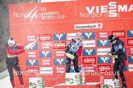 11.02.2023, Hinzenbach, Austria (AUT): Eva Pinkelnig (AUT), Chiara Kreuzer (AUT), Nozomi Maruyama (JPN), (l-r) - FIS world cup ski jumping women, individual HS90, Hinzenbach (AUT). www.nordicfocus.com. © Modica/NordicFocus. Every downloaded picture is fee-liable.