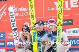 12.03.2023, Oslo, Norway (NOR): Kreuzer Chiara (AUT), Klinec Ema (SLO), Stroem Anna Odine (NOR), (l-r)  - FIS world cup ski jumping women, individual HS134, Oslo (NOR). www.nordicfocus.com. © Modica/NordicFocus. Every downloaded picture is fee-liable.