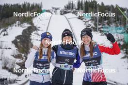 19.03.2023, Vikersund, Norway (NOR): Jenny Rautionaho (FIN), Yuki Ito (JPN), Josephine Pagnier (FRA), (l-r)  - FIS ski flying women, individual HS240, Vikersund (NOR). www.nordicfocus.com. © Thibaut/NordicFocus. Every downloaded picture is fee-liable.