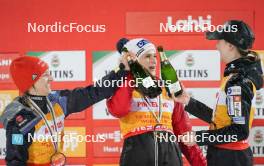 24.03.2023, Lahti, Finland (FIN): Katharina Althaus (GER), Eva Pinkelnig (AUT), Ema Klinec (SLO), (l-r) - FIS world cup ski jumping women, cups, Lahti (FIN). www.nordicfocus.com. © Thibaut/NordicFocus. Every downloaded picture is fee-liable.