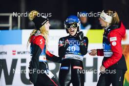 23.02.2023, Planica, Slovenia (SLO): Chiara Kreuzer (AUT), Eva Pinkelnig (AUT), Julia Muehlbacher (AUT), (l-r)  - FIS nordic world ski championships ski jumping women, individual HS100, Planica (SLO). www.nordicfocus.com. © Thibaut/NordicFocus. Every downloaded picture is fee-liable.