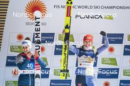 23.02.2023, Planica, Slovenia (SLO): Eva Pinkelnig (AUT), Katharina Althaus (GER), (l-r)  - FIS nordic world ski championships ski jumping women, individual HS100, Planica (SLO). www.nordicfocus.com. © Thibaut/NordicFocus. Every downloaded picture is fee-liable.