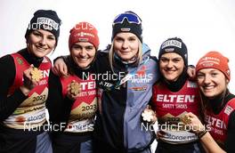 23.02.2023, Planica, Slovenia (SLO): Anna Rupprecht (GER), Selina Freitag (GER), Pauline Hessler (GER), Luisa Goerlich (GER), Katharina Althaus (GER), (l-r)  - FIS nordic world ski championships ski jumping women, medals, Planica (SLO). www.nordicfocus.com. © Modica/NordicFocus. Every downloaded picture is fee-liable.