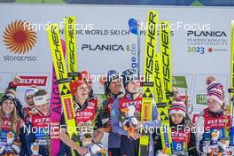 25.02.2023, Planica, Slovenia (SLO): Anna Rupprecht (GER), Luisa Goerlich (GER), Selina Freitag (GER), Katharina Althaus (GER), (l-r)  - FIS nordic world ski championships ski jumping women, team HS100, Planica (SLO). www.nordicfocus.com. © Thibaut/NordicFocus. Every downloaded picture is fee-liable.