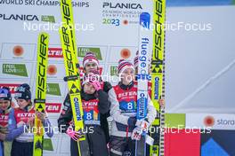 25.02.2023, Planica, Slovenia (SLO): Thea Minyan Bjoerseth (NOR), Eirin Maria Kvandal (NOR), Maren Lundby (NOR), (l-r)  - FIS nordic world ski championships ski jumping women, team HS100, Planica (SLO). www.nordicfocus.com. © Thibaut/NordicFocus. Every downloaded picture is fee-liable.