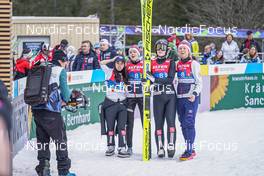 25.02.2023, Planica, Slovenia (SLO): Thea Minyan Bjoerseth (NOR), Eirin Maria Kvandal (NOR), Anna Odine Stroem (NOR), Maren Lundby (NOR), (l-r)  - FIS nordic world ski championships ski jumping women, team HS100, Planica (SLO). www.nordicfocus.com. © Thibaut/NordicFocus. Every downloaded picture is fee-liable.