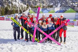 25.02.2023, Planica, Slovenia (SLO): Chiara Kreuzer (AUT), Julia Muehlbacher (AUT), Jacqueline Seifriedsberger (AUT), Eva Pinkelnig (AUT), (l-r)  - FIS nordic world ski championships ski jumping women, team HS100, Planica (SLO). www.nordicfocus.com. © Thibaut/NordicFocus. Every downloaded picture is fee-liable.