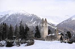 20.01.2023, Zuoz Switzerland (SUI): feature: Celerina, old church ruin - Ski Classics La Diagonela, Zuoz (SUI). www.nordicfocus.com. © Reichert/NordicFocus. Every downloaded picture is fee-liable.