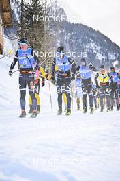 21.01.2023, Zuoz Switzerland (SUI): Alvar Myhlback (SWE), Runar Skaug Mathisen (NOR), Marcus Johansson (SWE), Emil Persson (SWE), (l-r) - Ski Classics La Diagonela, Zuoz (SUI). www.nordicfocus.com. © Reichert/NordicFocus. Every downloaded picture is fee-liable.