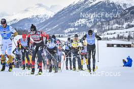 21.01.2023, Zuoz Switzerland (SUI): Morten Eide Pedersen (NOR), Kasper Stadaas (NOR), Magnus Vesterheim (NOR), Emil Persson (SWE), Tord Asle Gjerdalen (NOR), (l-r) - Ski Classics La Diagonela, Zuoz (SUI). www.nordicfocus.com. © Reichert/NordicFocus. Every downloaded picture is fee-liable.
