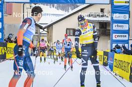 21.01.2023, Zuoz Switzerland (SUI): Amund Riege (NOR), Morten Eide Pedersen (NOR), Stian Hoelgaard (NOR), (l-r) - Ski Classics La Diagonela, Zuoz (SUI). www.nordicfocus.com. © Reichert/NordicFocus. Every downloaded picture is fee-liable.