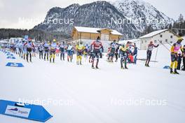 21.01.2023, Zuoz Switzerland (SUI): Karstein Johaug (NOR), Torleif Syrstad (NOR), Johannes Ekloef (SWE), Alfred Buskqvist (SWE), Kasper Stadaas (NOR), Tord Asle Gjerdalen (NOR), Emil Persson (SWE), Anders Aukland (NOR), Amund Riege (NOR), (l-r) - Ski Classics La Diagonela, Zuoz (SUI). www.nordicfocus.com. © Reichert/NordicFocus. Every downloaded picture is fee-liable.