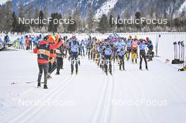 21.01.2023, Zuoz Switzerland (SUI): Runar Skaug Mathisen (NOR), Tord Asle Gjerdalen (NOR), Thomas Odegaarden (NOR), Axel Jutterstroem (SWE), Thomas Joly (FRA), (l-r) - Ski Classics La Diagonela, Zuoz (SUI). www.nordicfocus.com. © Reichert/NordicFocus. Every downloaded picture is fee-liable.