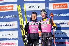 18.02.2023, Groenklitt, Sweden (SWE): Hedenstroem Karolina (SWE), Riege Amund (NOR), (l-r)  - Ski Classics Criterium Orsa Groenklitt - Groenklitt (SWE). www.nordicfocus.com. © Thibaut/NordicFocus. Every downloaded picture is fee-liable.