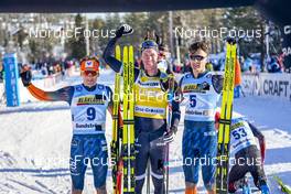 18.02.2023, Groenklitt, Sweden (SWE): Hoelgaard Stian (NOR), Persson Emil (SWE), Novak Max (SWE), (l-r) - Ski Classics Criterium Orsa Groenklitt - Groenklitt (SWE). www.nordicfocus.com. © Thibaut/NordicFocus. Every downloaded picture is fee-liable.