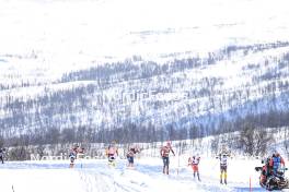 02.04.2023, Bardufoss-Finnsnes, Norway (NOR): Alfred Buskqvist (SWE), Petter Stakston (NOR), Johan Hoel (NOR), Martin Loewstroem Nyenget (NOR), Herman Paus (NOR), (l-r) - Ski Classics Summit 2 Senja, Bardufoss-Finnsnes (NOR). www.nordicfocus.com. © Manzoni/NordicFocus. Every downloaded picture is fee-liable.
