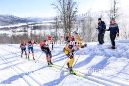 02.04.2023, Bardufoss-Finnsnes, Norway (NOR): Karstein Johaug (NOR), Petter Stakston (NOR), Johan Hoel (NOR), Alfred Buskqvist (SWE), (l-r) - Ski Classics Summit 2 Senja, Bardufoss-Finnsnes (NOR). www.nordicfocus.com. © Manzoni/NordicFocus. Every downloaded picture is fee-liable.