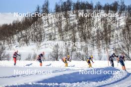 02.04.2023, Bardufoss-Finnsnes, Norway (NOR): Martin Loewstroem Nyenget (NOR), Petter Stakston (NOR), Amund Riege (NOR), Herman Paus (NOR), Runar Skaug Mathisen (NOR), Max Novak (SWE), (l-r) - Ski Classics Summit 2 Senja, Bardufoss-Finnsnes (NOR). www.nordicfocus.com. © Manzoni/NordicFocus. Every downloaded picture is fee-liable.