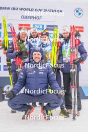 07.01.2024, Oberhof, Germany (GER): Endre Stroemsheim (NOR), Johannes Thingnes Boe (NOR), Tarjei Boe (NOR), Sturla Holm Laegreid (NOR), Siegfried Mazet (FRA) coach team Norway, (l-r) - IBU World Cup Biathlon, relay men, Oberhof (GER). www.nordicfocus.com. © Thibaut/NordicFocus. Every downloaded picture is fee-liable.