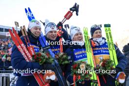 11.01.2024, Ruhpolding, Germany (GER): Sturla Holm Laegreid (NOR), Vetle Sjaastad Christiansen (NOR), Johannes Dale-Skjevdal (NOR), Tarjei Boe (NOR), (l-r) - IBU World Cup Biathlon, relay men, Ruhpolding (GER). www.nordicfocus.com. © Manzoni/NordicFocus. Every downloaded picture is fee-liable.