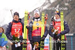 21.01.2024, Antholz, Italy (ITA): Quentin Fillon Maillet (FRA), Johannes Thingnes Boe (NOR), Tarjei Boe (NOR), (l-r) - IBU World Cup Biathlon, mass men, Antholz (ITA). www.nordicfocus.com. © Thibaut/NordicFocus. Every downloaded picture is fee-liable.