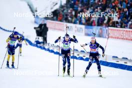 03.03.2024, Oslo, Norway (NOR): Sebastian Samuelsson (SWE), Otto Invenius (FIN), Suvi Minkkinen (FIN), (l-r) - IBU World Cup Biathlon, single mixed relay, Oslo (NOR). www.nordicfocus.com. © Manzoni/NordicFocus. Every downloaded picture is fee-liable.