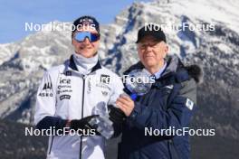 16.03.2024, Canmore, Canada (CAN): Johannes Thingnes Boe (NOR), Olle Dahlin (SWE), IBU President, (l-r) - IBU World Cup Biathlon, trophies, Canmore (CAN). www.nordicfocus.com. © Manzoni/NordicFocus. Every downloaded picture is fee-liable.