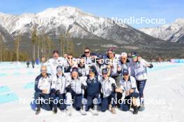 16.03.2024, Canmore, Canada (CAN): Siegfried Mazet (FRA) coach team Norway, Johannes Thingnes Boe (NOR), Vetle Sjaastad Christiansen (NOR), Tarjei Boe (NOR), (l-r) - IBU World Cup Biathlon, trophies, Canmore (CAN). www.nordicfocus.com. © Manzoni/NordicFocus. Every downloaded picture is fee-liable.