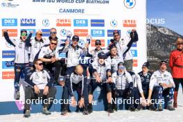 16.03.2024, Canmore, Canada (CAN): Johannes Dale-Skjevdal (NOR), Siegfried Mazet (FRA) coach team Norway, Sturla Holm Laegreid (NOR), Vetle Sjaastad Christiansen (NOR), Johannes Thingnes Boe (NOR), Tarjei Boe (NOR), (l-r) - IBU World Cup Biathlon, cups, Canmore (CAN). www.nordicfocus.com. © Manzoni/NordicFocus. Every downloaded picture is fee-liable.