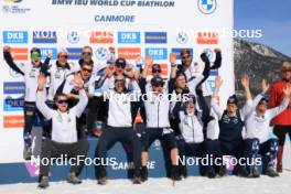 16.03.2024, Canmore, Canada (CAN): Siegfried Mazet (FRA) coach team Norway, Johannes Thingnes Boe (NOR), Vetle Sjaastad Christiansen (NOR), Tarjei Boe (NOR), (l-r) - IBU World Cup Biathlon, trophies, Canmore (CAN). www.nordicfocus.com. © Manzoni/NordicFocus. Every downloaded picture is fee-liable.