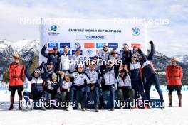 15.03.2024, Canmore, Canada (CAN): Siegfried Mazet (FRA) coach team Norway, Vetle Sjaastad Christiansen (NOR), Johannes Thingnes Boe (NOR), Tarjei Boe (NOR), (l-r) - IBU World Cup Biathlon, cups, Canmore (CAN). www.nordicfocus.com. © Manzoni/NordicFocus. Every downloaded picture is fee-liable.