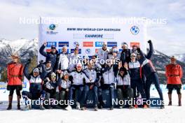 15.03.2024, Canmore, Canada (CAN): Siegfried Mazet (FRA) coach team Norway, Vetle Sjaastad Christiansen (NOR), Johannes Thingnes Boe (NOR), Tarjei Boe (NOR), (l-r) - IBU World Cup Biathlon, cups, Canmore (CAN). www.nordicfocus.com. © Manzoni/NordicFocus. Every downloaded picture is fee-liable.
