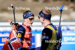 17.03.2024, Canmore, Canada (CAN): Tarjei Boe (NOR), Johannes Thingnes Boe (NOR), (l-r) - IBU World Cup Biathlon, mass men, Canmore (CAN). www.nordicfocus.com. © Manzoni/NordicFocus. Every downloaded picture is fee-liable.