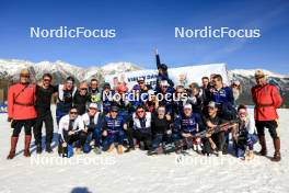 17.03.2024, Canmore, Canada (CAN): Martin Fourcade (FRA), Julia Simon (FRA), Fabien Claude (FRA), Quentin Fillon Maillet (FRA), Eric Perrot (FRA), Emilien Jacquelin (FRA), Gilonne Guigonnat (FRA), Lou Jeanmonnot (FRA), (l-r) - IBU World Cup Biathlon, mass men, Canmore (CAN). www.nordicfocus.com. © Manzoni/NordicFocus. Every downloaded picture is fee-liable.