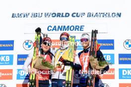17.03.2024, Canmore, Canada (CAN): Johannes Dale-Skjevdal (NOR), Johannes Thingnes Boe (NOR), Emilien Jacquelin (FRA), (l-r) - IBU World Cup Biathlon, mass men, Canmore (CAN). www.nordicfocus.com. © Manzoni/NordicFocus. Every downloaded picture is fee-liable.