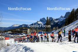 17.03.2024, Canmore, Canada (CAN): Endre Stroemsheim (NOR), Emilien Jacquelin (FRA), Sebastian Samuelsson (SWE), Johannes Dale-Skjevdal (NOR), Lukas Hofer (ITA), Tarjei Boe (NOR), Sturla Holm Laegreid (NOR), Johannes Thingnes Boe (NOR), (l-r) - IBU World Cup Biathlon, mass men, Canmore (CAN). www.nordicfocus.com. © Manzoni/NordicFocus. Every downloaded picture is fee-liable.