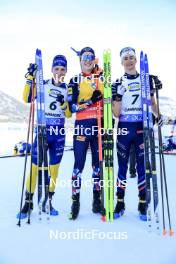 16.03.2024, Canmore, Canada (CAN): Sebastian Samuelsson (SWE), Johannes Thingnes Boe (NOR), Eric Perrot (FRA), (l-r) - IBU World Cup Biathlon, pursuit men, Canmore (CAN). www.nordicfocus.com. © Manzoni/NordicFocus. Every downloaded picture is fee-liable.