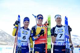 16.03.2024, Canmore, Canada (CAN): Sebastian Samuelsson (SWE), Johannes Thingnes Boe (NOR), Eric Perrot (FRA), (l-r) - IBU World Cup Biathlon, pursuit men, Canmore (CAN). www.nordicfocus.com. © Manzoni/NordicFocus. Every downloaded picture is fee-liable.