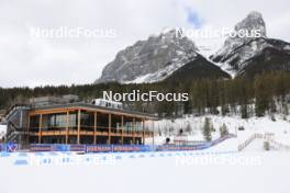 12.03.2024, Canmore, Canada (CAN): Event Feature: overview over the stadium with the new building and the mountains as backdrop - IBU World Cup Biathlon, training, Canmore (CAN). www.nordicfocus.com. © Manzoni/NordicFocus. Every downloaded picture is fee-liable.