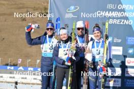 28.01.2024, Brezno-Osrblie, Slovakia (SVK): Antonin Guigonnat (FRA), Oceane Michelon (FRA), Theo Guiraud Poillot (FRA), Camille Bened (FRA), (l-r) - IBU Open European Championships Biathlon, medals, Brezno-Osrblie (SVK). www.nordicfocus.com. © Reichert/NordicFocus. Every downloaded picture is fee-liable.