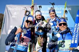 28.01.2024, Brezno-Osrblie, Slovakia (SVK): Theo Guiraud Poillot (FRA), Oceane Michelon (FRA), Camille Bened (FRA), Antonin Guigonnat (FRA), (l-r) - IBU Open European Championships Biathlon, medals, Brezno-Osrblie (SVK). www.nordicfocus.com. © Reichert/NordicFocus. Every downloaded picture is fee-liable.