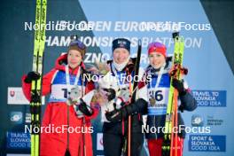 24.01.2024, Brezno-Osrblie, Slovakia (SVK): Alina Stremous (MDA), Maren Kirkeeide (NOR), Ema Kapustova (SVK), (l-r) - IBU Open European Championships Biathlon, medals, Brezno-Osrblie (SVK). www.nordicfocus.com. © Reichert/NordicFocus. Every downloaded picture is fee-liable.